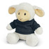 A plush lamb toy with cream and white fur, wearing a dark sweatshirt. It has soft ears and a friendly face.