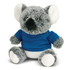 A grey koala plush toy with a black nose and big ears, wearing a blue shirt. The toy has a branding logo.