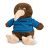 A brown kiwi plush toy wearing a blue shirt, sitting with its feet slightly apart. It has big eyes and a long beak.