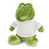 A green crocodile plush toy wearing a white shirt, featuring large eyes and a friendly expression.