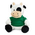 A plush cow toy dressed in a green shirt, featuring a black patch over one eye and black hooves.