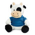 A plush cow toy with a black and white pattern, wearing a blue shirt, sitting upright. It has a smiley face.