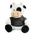 A plush cow toy with a black and white pattern, wearing a grey shirt, sitting upright with a friendly expression.