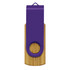 A purple and bamboo flash drive featuring a swivel design and a circular hole for easy attachment.