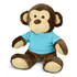 A plush monkey toy with brown fur and a light blue shirt. It has round ears and a friendly expression.