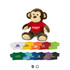 A brown monkey plush toy wearing a red shirt with branding, surrounded by various small shirts in different colours.