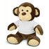 A brown and tan monkey plush toy wearing a white shirt, sitting with arms outstretched. It has a playful expression and round ears.