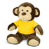 A plush monkey toy with brown fur and a yellow shirt, featuring a friendly face and detailed paws.