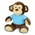 A brown and beige monkey plush toy wearing a blue shirt, seated with a friendly expression.