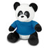 A panda plush toy with black and white fur, wearing a blue shirt, featuring a logo on the shirt.