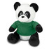 A panda plush toy featuring a black and white design, wearing a green shirt. It has a friendly expression and soft texture.