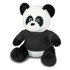 A plush panda toy with black and white fur, wearing a black shirt and large, round black eyes. It has a soft, cuddly appearance.