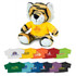 A plush toy tiger in orange and black stripes, wearing a yellow shirt with a logo, is displayed with various coloured shirts below.