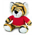A plush tiger toy with a striped yellow and black design, wearing a red shirt and featuring soft white paws.