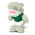 A plush shark toy in light green with a white belly, wearing a green shirt, featuring a branding logo.