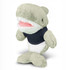 A soft grey shark plush toy wearing a dark navy shirt with a smiling mouth and a round body.