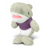A grey plush shark toy wearing a purple T-shirt, with a white underbelly and smiling mouth. It has a logo.