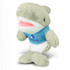 A plush shark toy in light grey, wearing a blue shirt with a logo, featuring a smiling expression.