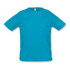A turquoise men's T-shirt with short sleeves, featuring a logo on the neckline.