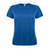 A blue women's T-shirt with short sleeves and a round neckline, featuring a logo on the front.