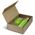 A green drink bottle and tumbler set inside a brown cardboard gift box. The box is open, revealing the contents.