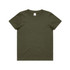 A dark olive green kids' T-shirt featuring a crew neck and short sleeves, with a branding label.