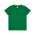 A green children's t-shirt featuring a round neckline and short sleeves. It has a label inside and a small logo on it.