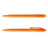 Two orange plastic pens are displayed, featuring a sleek design with a clip on one side.