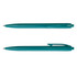 A teal plastic pen with a smooth body and a clip, featuring a logo on its side.