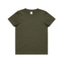 A youth staple tee in olive green, featuring a classic crew neck and short sleeves. The shirt has a logo on the inside label.