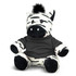 A plush zebra toy with black and white stripes, wearing a grey shirt, featuring a black tuft on its head.