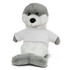 A grey and white plush seal toy wearing a blank white T-shirt, sitting upright. It has a cute, soft appearance.