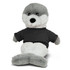 A plush seal toy with grey and white fur wearing a black shirt, featuring a logo on the shirt.