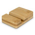 A bamboo phone stand with a smooth finish, featuring a minimalist design and natural wood tones. It has a small cutout for stability.