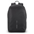A black soft backpack featuring a minimalist design and a logo. Ideal for everyday use or casual outings.