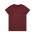 A maroon T-shirt with a crew neck and short sleeves, featuring a logo at the neckline.