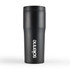 A travel mug in matte black with a logo featured prominently on the side.