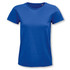 A blue women's organic T-shirt with a round neck and short sleeves. It features a logo on the label.