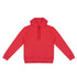 A unisex hoodie in vibrant red with a front pocket and an adjustable hood. Includes a logo detail.