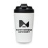 A reusable coffee cup in white with a black lid and branding on the front.
