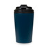 A reusable coffee cup in a deep blue hue with a black lid and a logo on the side.