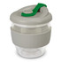 A drink bottle featuring a clear body with a grey sleeve and a green lid, complete with a logo.