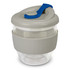 A drink bottle in grey and clear glass with a blue lid and a silicone band, featuring a logo.
