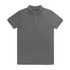 A grey polo shirt featuring a collar and three-button placket, complete with a logo on the side.