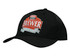 A black twill cap featuring a logo on the front. The cap has a curved brim and an adjustable back.