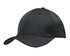 A black premium twill cap with a curved brim and a logo on the front. Suitable for various headwear styles.