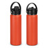 A drink bottle in a bright orange colour with a black lid and handle, featuring a logo.