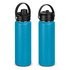 A drink bottle featuring a vibrant blue body and a black lid with a handle, showcasing two angles of the product.