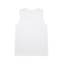 A white singlet tank top with a smooth, plain design and a subtle branding logo on the back.