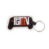A PVC LED keyring in the shape of a game controller, featuring black and red colours with a metal ring.